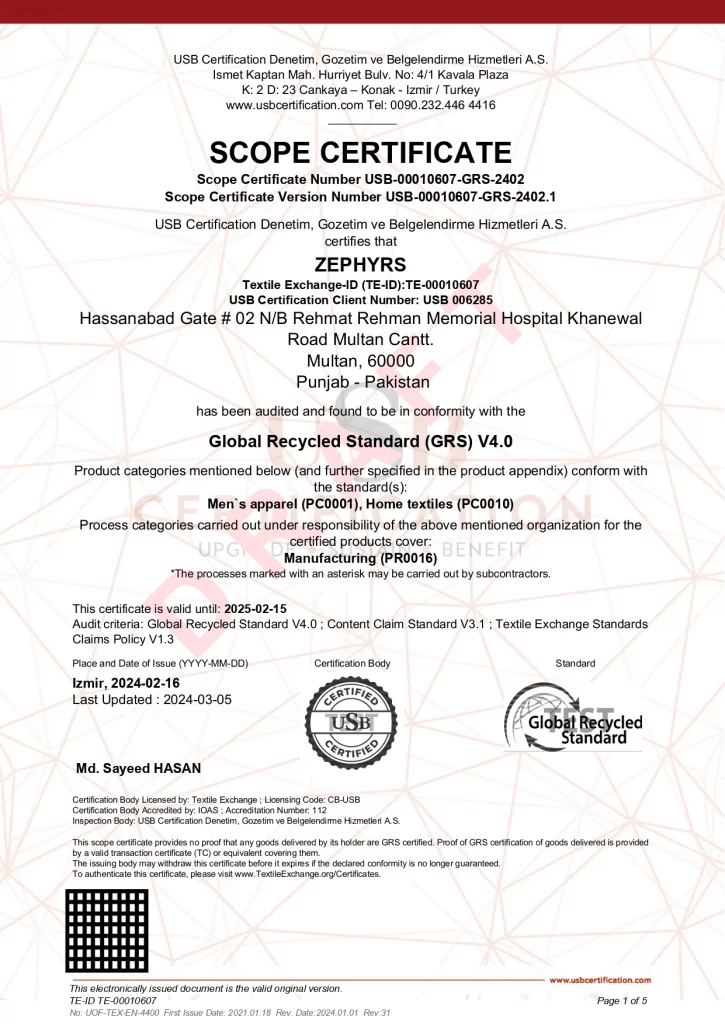 Zephyrs Textile GRS Certified Manufacturer