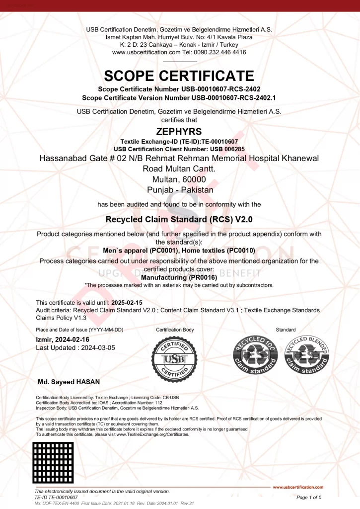 Zephyrs Textile RCS Certified Manufacturer