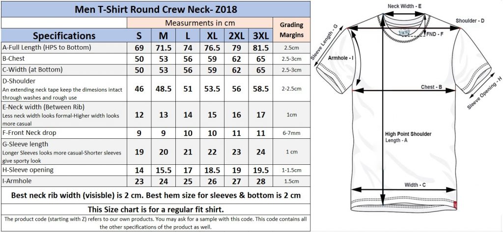 Men’s crew neck T-shirt size chart with detailed measurements in cm