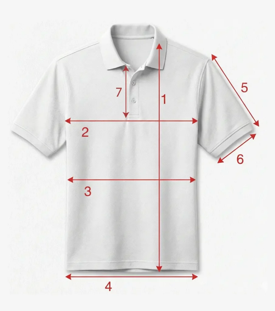 Regular fit polo shirt size chart with detailed measurements in cm