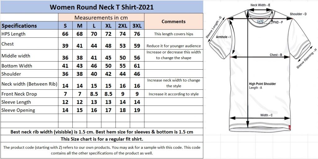 Women's crew neck T-shirt size chart with detailed measurements in cm