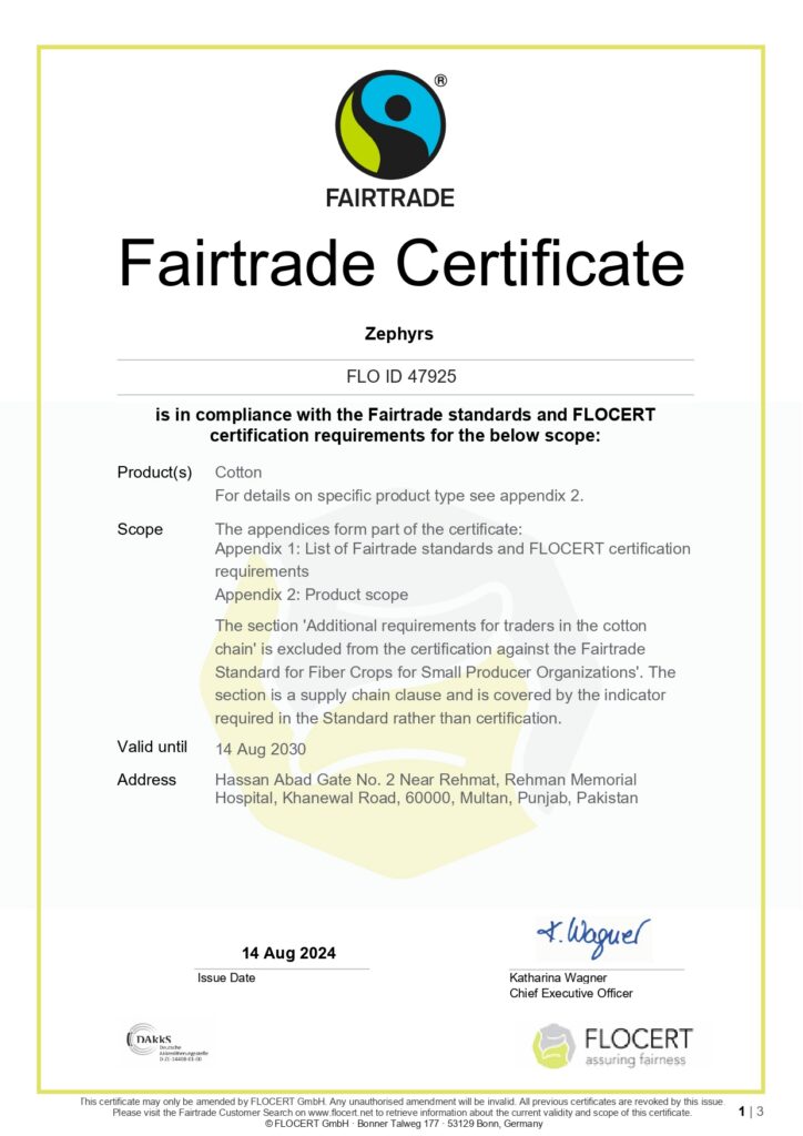 Fairtrade certificate Zephyrs Textile