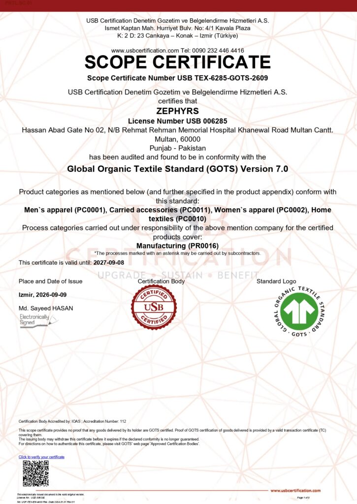 GOTS certificate Zephyrs Textile