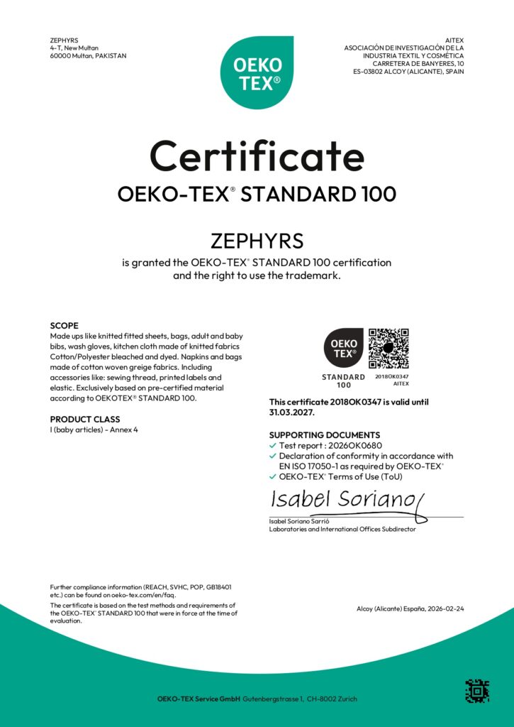 OEKOTEX certificate Zephyrs Textile