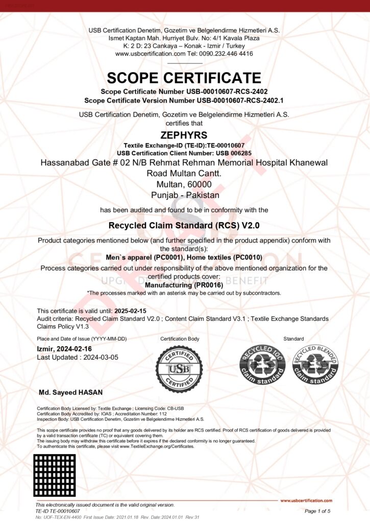 RCS certificate Zephyrs Textile